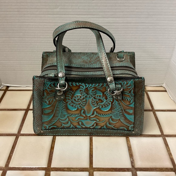 Patricia Nash Bag Satchel Crossbody Detachable Strap Turquoise Embossed Purse - Picture 2 of 13